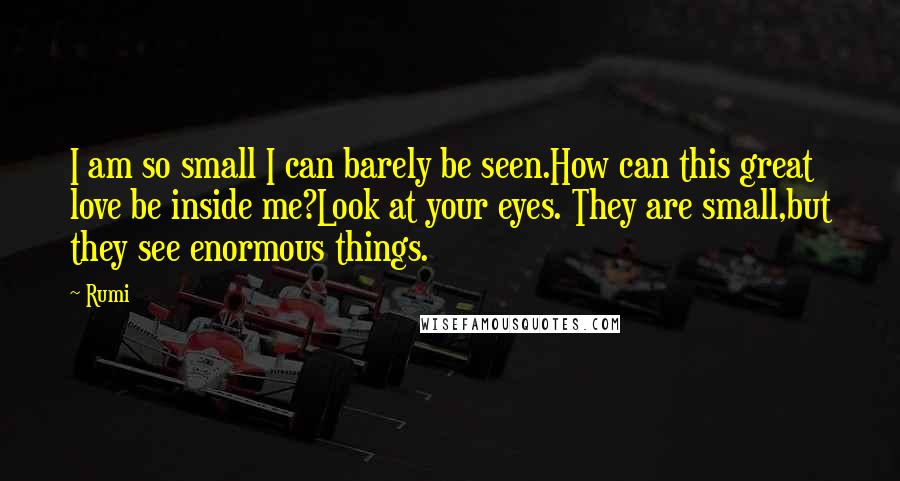 Rumi Quotes: I am so small I can barely be seen.How can this great love be inside me?Look at your eyes. They are small,but they see enormous things.