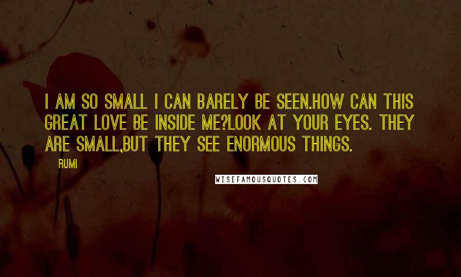 Rumi Quotes: I am so small I can barely be seen.How can this great love be inside me?Look at your eyes. They are small,but they see enormous things.