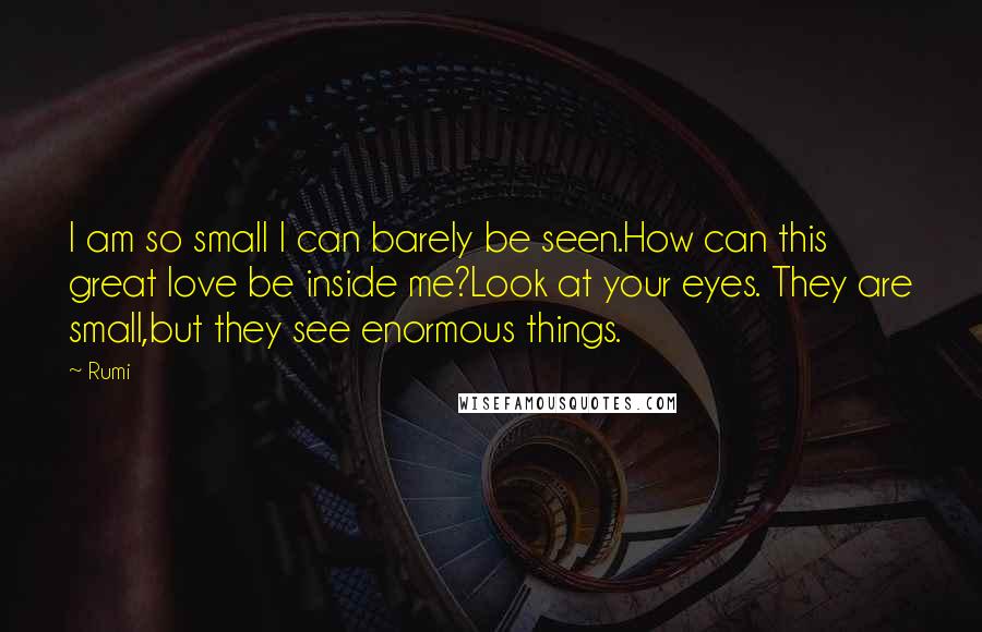 Rumi Quotes: I am so small I can barely be seen.How can this great love be inside me?Look at your eyes. They are small,but they see enormous things.