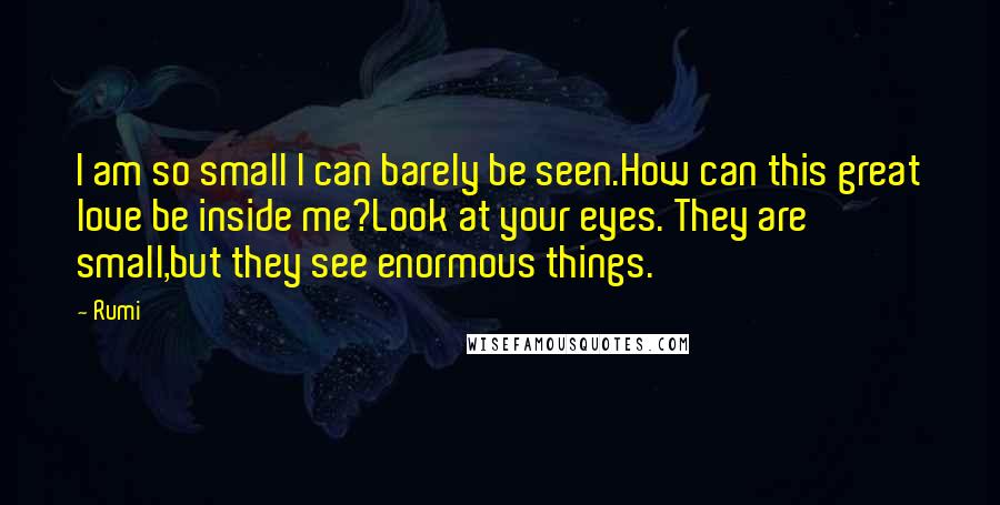 Rumi Quotes: I am so small I can barely be seen.How can this great love be inside me?Look at your eyes. They are small,but they see enormous things.