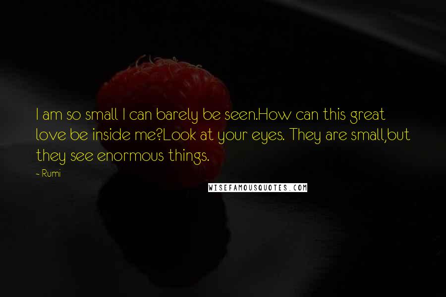 Rumi Quotes: I am so small I can barely be seen.How can this great love be inside me?Look at your eyes. They are small,but they see enormous things.