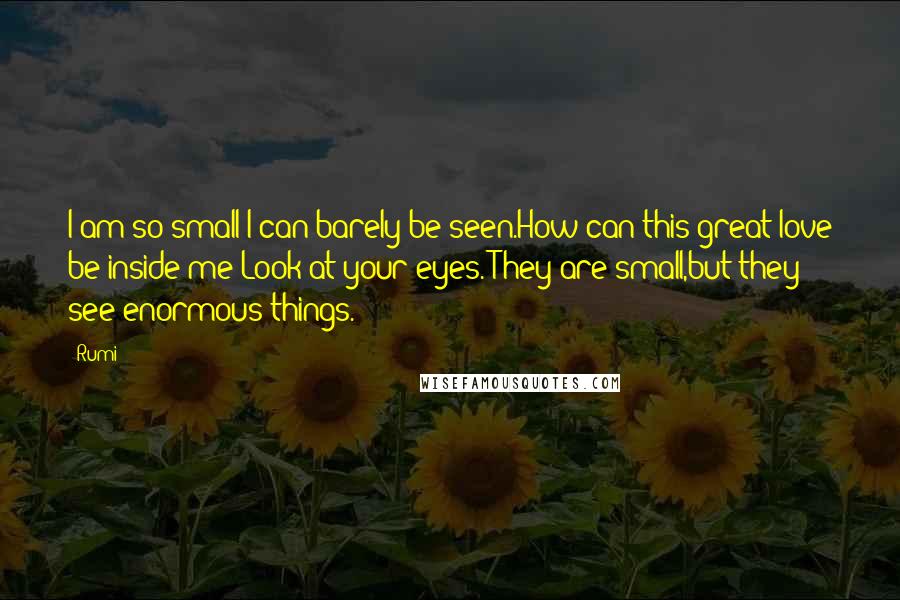 Rumi Quotes: I am so small I can barely be seen.How can this great love be inside me?Look at your eyes. They are small,but they see enormous things.