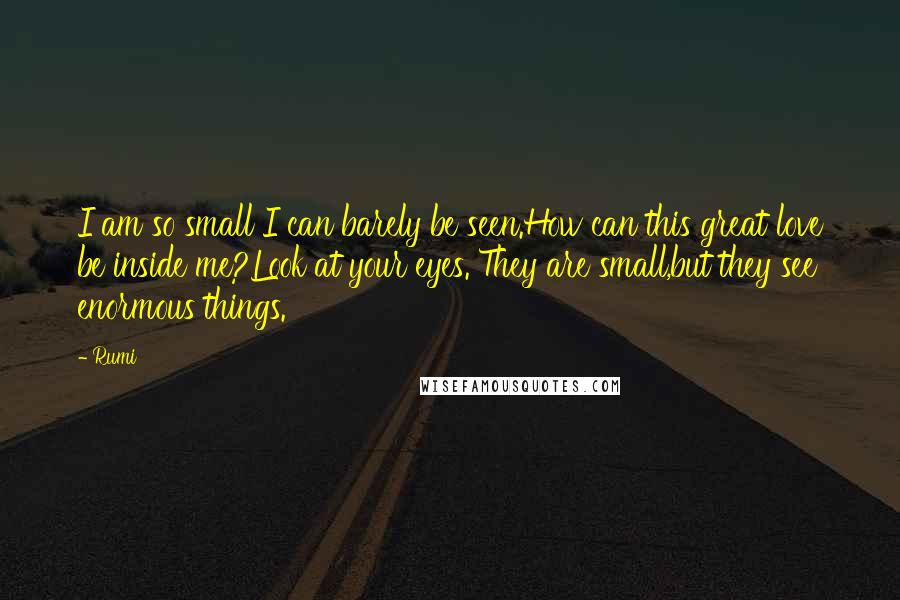 Rumi Quotes: I am so small I can barely be seen.How can this great love be inside me?Look at your eyes. They are small,but they see enormous things.