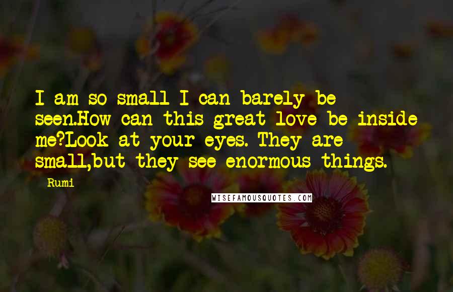 Rumi Quotes: I am so small I can barely be seen.How can this great love be inside me?Look at your eyes. They are small,but they see enormous things.
