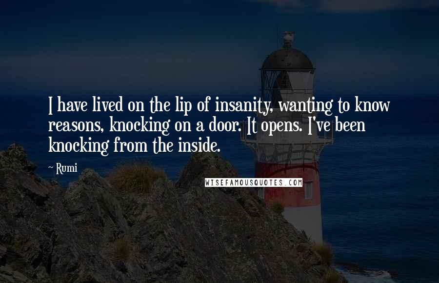 Rumi Quotes: I have lived on the lip of insanity, wanting to know reasons, knocking on a door. It opens. I've been knocking from the inside.