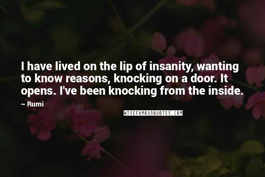 Rumi Quotes: I have lived on the lip of insanity, wanting to know reasons, knocking on a door. It opens. I've been knocking from the inside.
