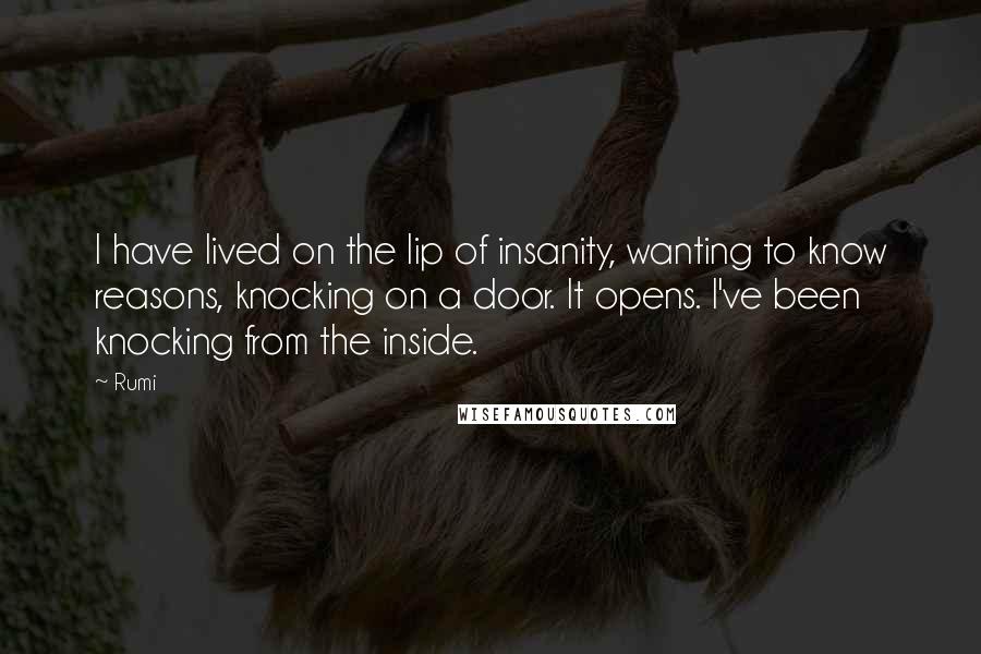 Rumi Quotes: I have lived on the lip of insanity, wanting to know reasons, knocking on a door. It opens. I've been knocking from the inside.