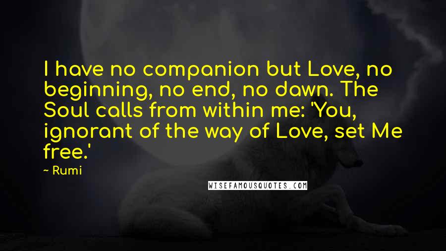 Rumi Quotes: I have no companion but Love, no beginning, no end, no dawn. The Soul calls from within me: 'You, ignorant of the way of Love, set Me free.'