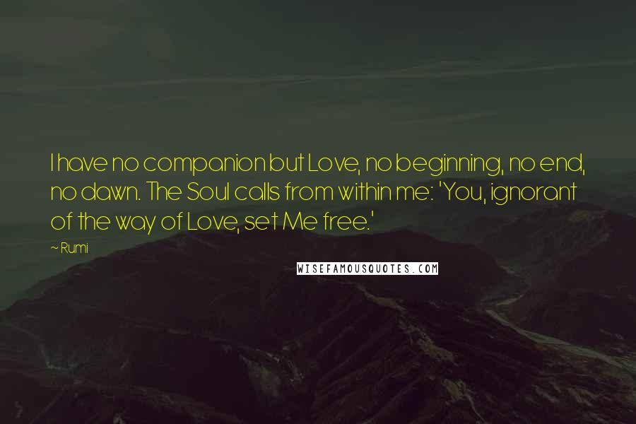 Rumi Quotes: I have no companion but Love, no beginning, no end, no dawn. The Soul calls from within me: 'You, ignorant of the way of Love, set Me free.'