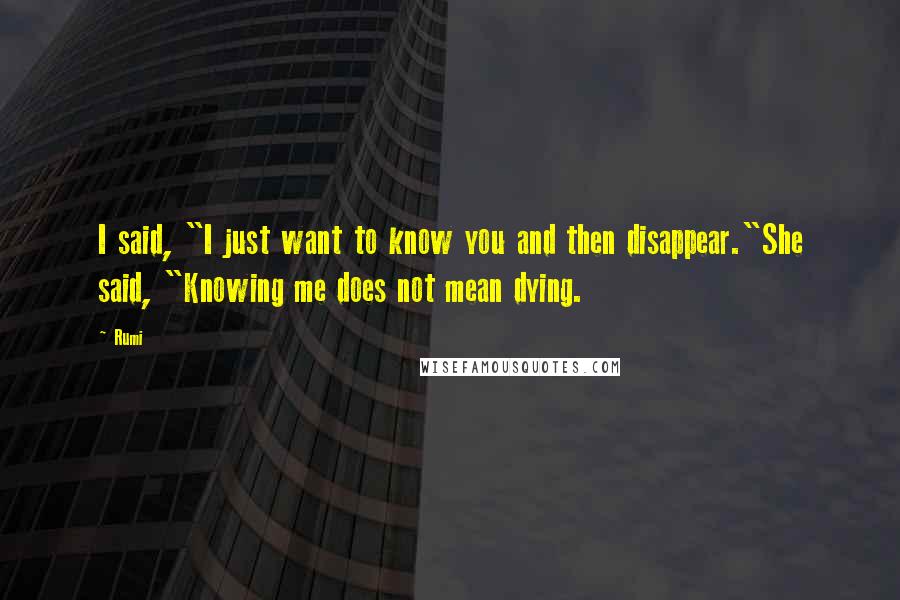 Rumi Quotes: I said, "I just want to know you and then disappear."She said, "Knowing me does not mean dying.