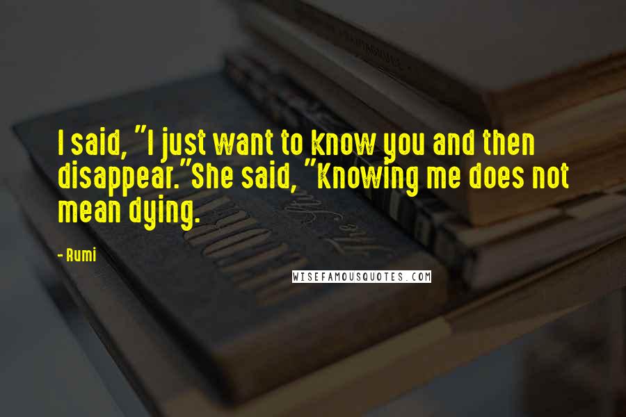 Rumi Quotes: I said, "I just want to know you and then disappear."She said, "Knowing me does not mean dying.