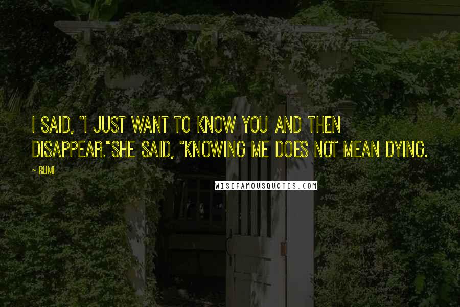 Rumi Quotes: I said, "I just want to know you and then disappear."She said, "Knowing me does not mean dying.