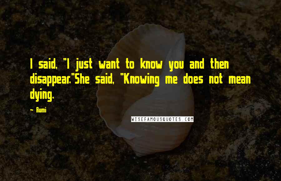 Rumi Quotes: I said, "I just want to know you and then disappear."She said, "Knowing me does not mean dying.