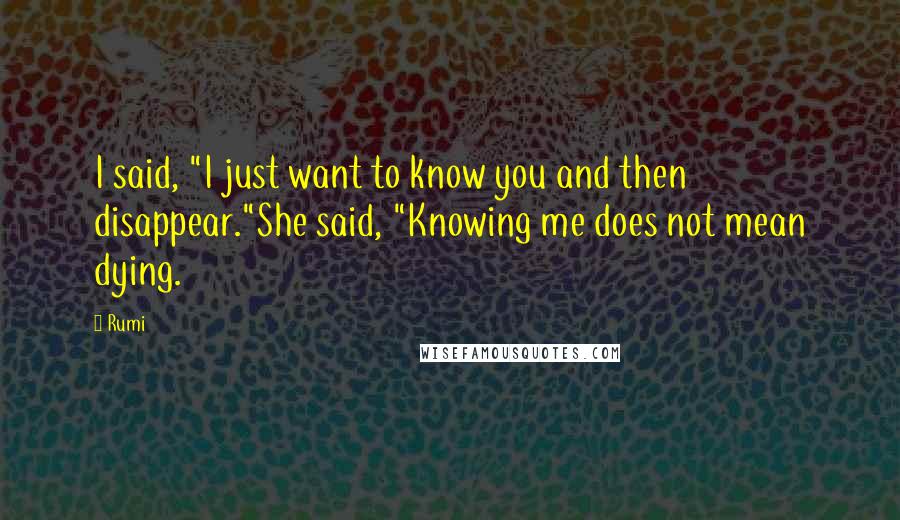 Rumi Quotes: I said, "I just want to know you and then disappear."She said, "Knowing me does not mean dying.