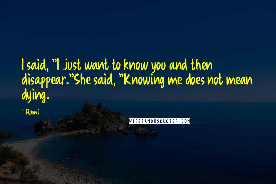 Rumi Quotes: I said, "I just want to know you and then disappear."She said, "Knowing me does not mean dying.