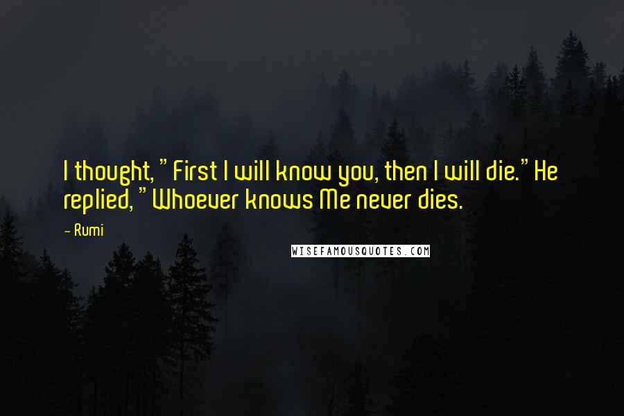 Rumi Quotes: I thought, "First I will know you, then I will die."He replied, "Whoever knows Me never dies.