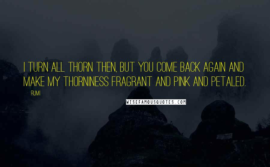 Rumi Quotes: I turn all thorn then, but you come back again and make my thorniness fragrant and pink and petaled.