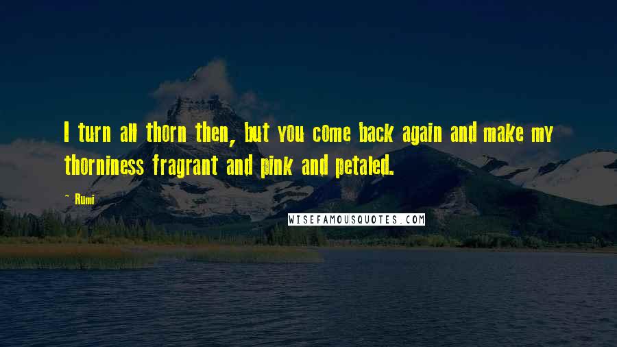 Rumi Quotes: I turn all thorn then, but you come back again and make my thorniness fragrant and pink and petaled.