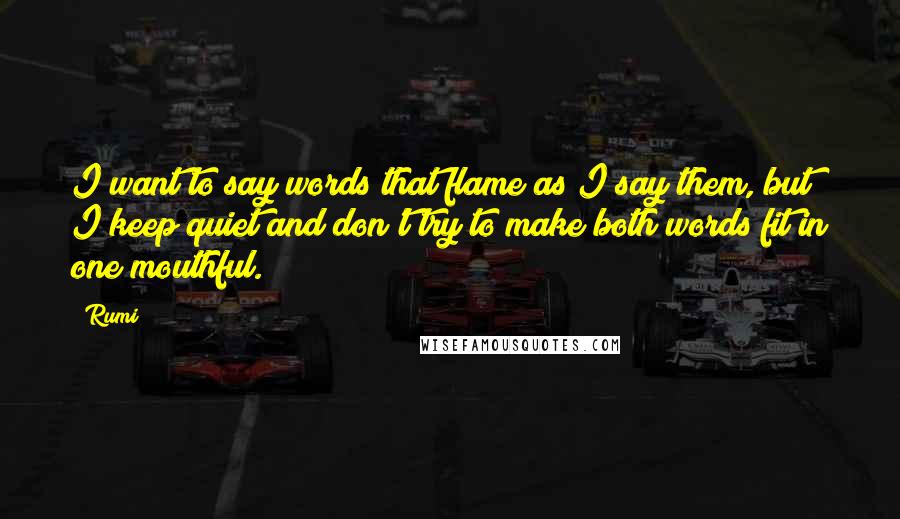 Rumi Quotes: I want to say words that flame as I say them, but I keep quiet and don't try to make both words fit in one mouthful.
