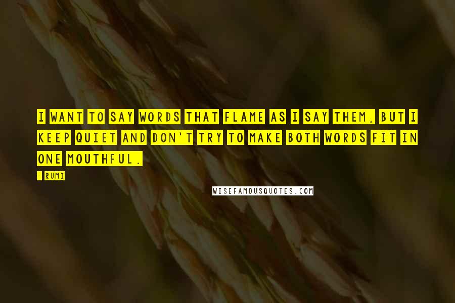 Rumi Quotes: I want to say words that flame as I say them, but I keep quiet and don't try to make both words fit in one mouthful.