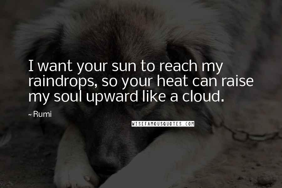 Rumi Quotes: I want your sun to reach my raindrops, so your heat can raise my soul upward like a cloud.