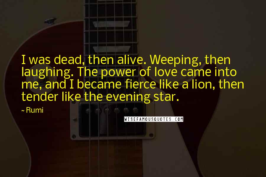 Rumi Quotes: I was dead, then alive. Weeping, then laughing. The power of love came into me, and I became fierce like a lion, then tender like the evening star.