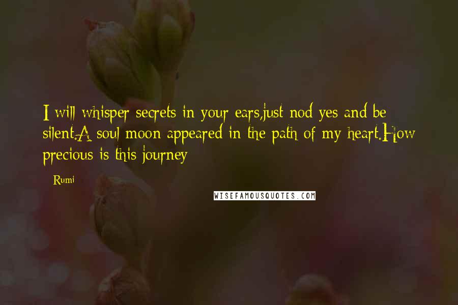 Rumi Quotes: I will whisper secrets in your ears,just nod yes and be silent.A soul moon appeared in the path of my heart.How precious is this journey