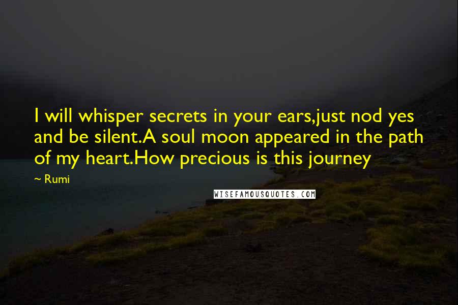Rumi Quotes: I will whisper secrets in your ears,just nod yes and be silent.A soul moon appeared in the path of my heart.How precious is this journey