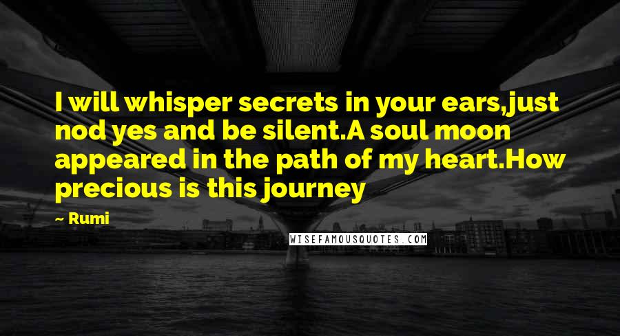 Rumi Quotes: I will whisper secrets in your ears,just nod yes and be silent.A soul moon appeared in the path of my heart.How precious is this journey