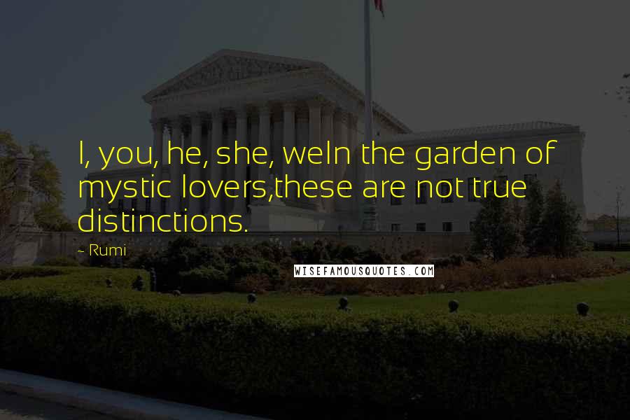 Rumi Quotes: I, you, he, she, weIn the garden of mystic lovers,these are not true distinctions.