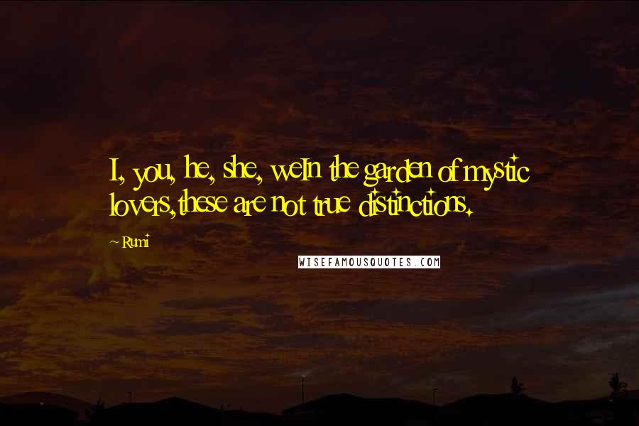 Rumi Quotes: I, you, he, she, weIn the garden of mystic lovers,these are not true distinctions.