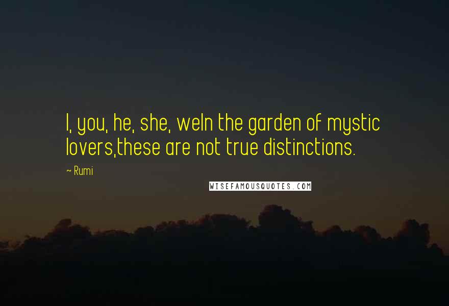 Rumi Quotes: I, you, he, she, weIn the garden of mystic lovers,these are not true distinctions.