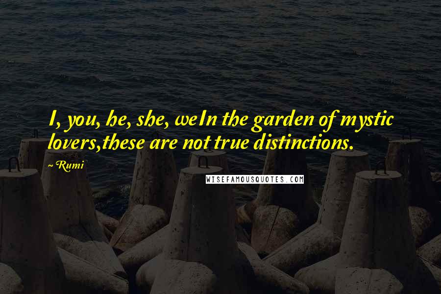 Rumi Quotes: I, you, he, she, weIn the garden of mystic lovers,these are not true distinctions.