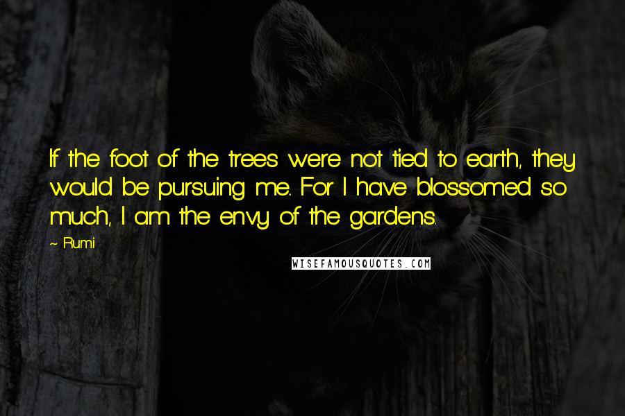 Rumi Quotes: If the foot of the trees were not tied to earth, they would be pursuing me.. For I have blossomed so much, I am the envy of the gardens.