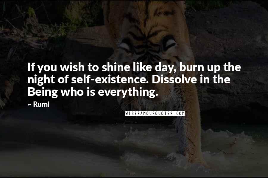 Rumi Quotes: If you wish to shine like day, burn up the night of self-existence. Dissolve in the Being who is everything.