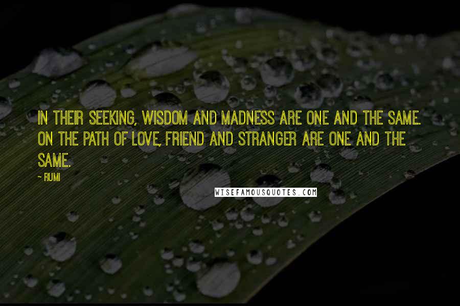 Rumi Quotes: In their seeking, wisdom and madness are one and the same. On the path of love, friend and stranger are one and the same.