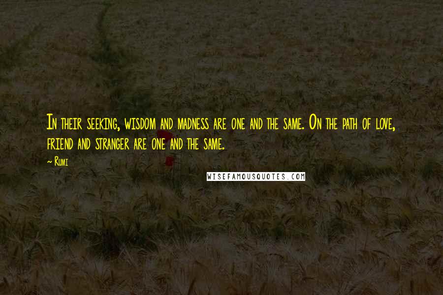 Rumi Quotes: In their seeking, wisdom and madness are one and the same. On the path of love, friend and stranger are one and the same.