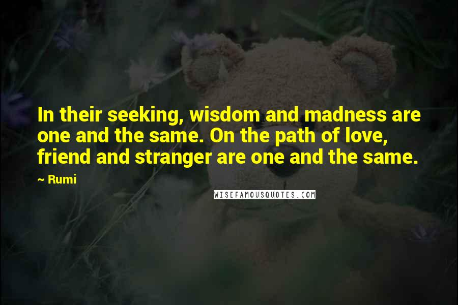 Rumi Quotes: In their seeking, wisdom and madness are one and the same. On the path of love, friend and stranger are one and the same.
