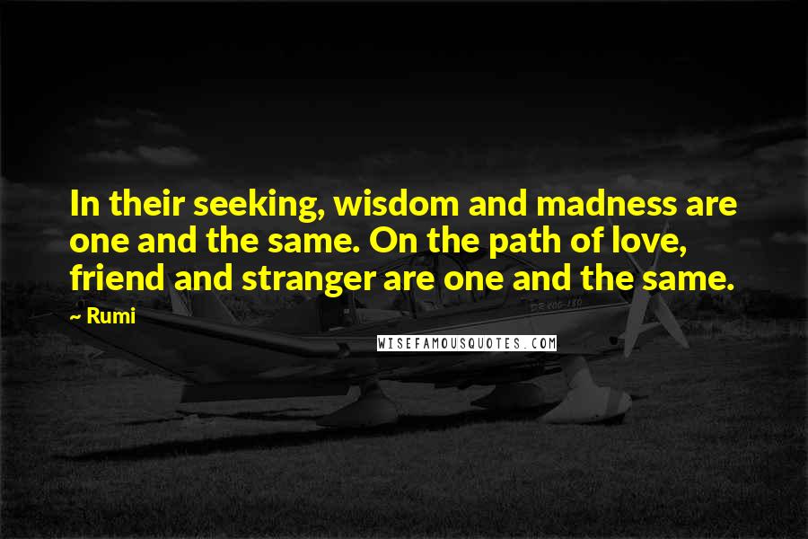 Rumi Quotes: In their seeking, wisdom and madness are one and the same. On the path of love, friend and stranger are one and the same.