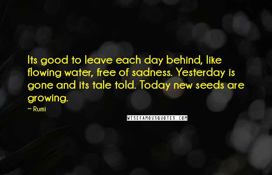 Rumi Quotes: Its good to leave each day behind, like flowing water, free of sadness. Yesterday is gone and its tale told. Today new seeds are growing.