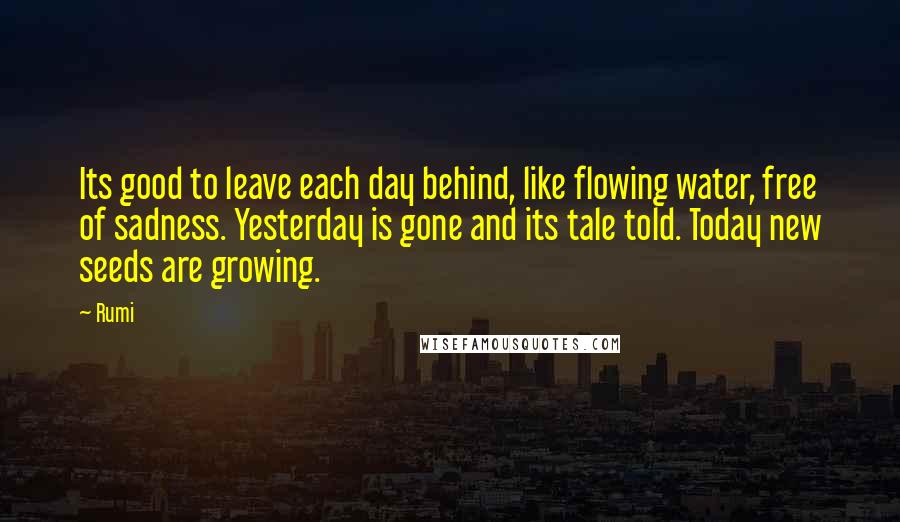 Rumi Quotes: Its good to leave each day behind, like flowing water, free of sadness. Yesterday is gone and its tale told. Today new seeds are growing.