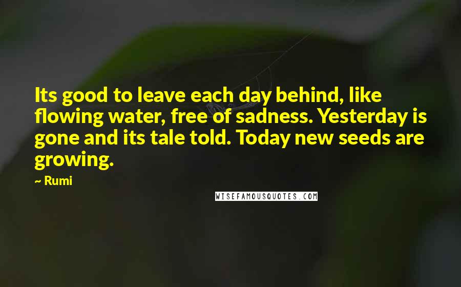 Rumi Quotes: Its good to leave each day behind, like flowing water, free of sadness. Yesterday is gone and its tale told. Today new seeds are growing.