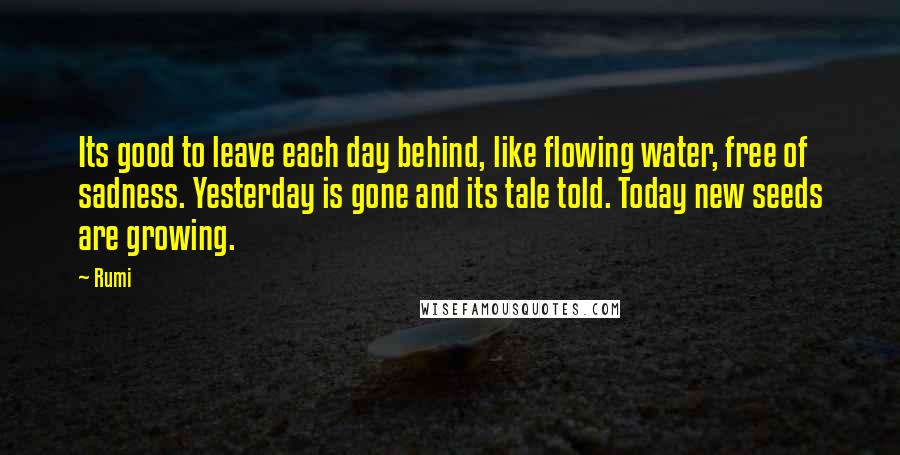 Rumi Quotes: Its good to leave each day behind, like flowing water, free of sadness. Yesterday is gone and its tale told. Today new seeds are growing.