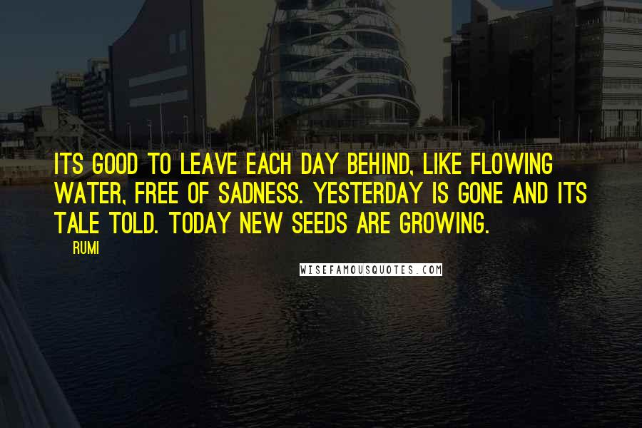 Rumi Quotes: Its good to leave each day behind, like flowing water, free of sadness. Yesterday is gone and its tale told. Today new seeds are growing.