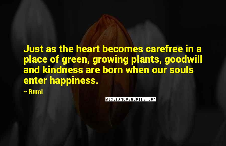 Rumi Quotes: Just as the heart becomes carefree in a place of green, growing plants, goodwill and kindness are born when our souls enter happiness.