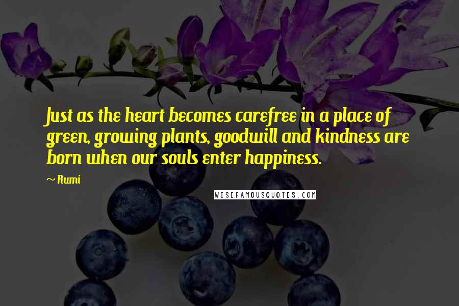 Rumi Quotes: Just as the heart becomes carefree in a place of green, growing plants, goodwill and kindness are born when our souls enter happiness.