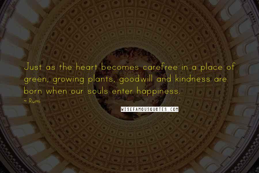 Rumi Quotes: Just as the heart becomes carefree in a place of green, growing plants, goodwill and kindness are born when our souls enter happiness.