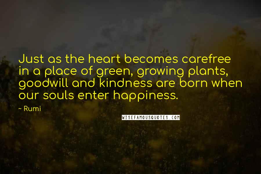 Rumi Quotes: Just as the heart becomes carefree in a place of green, growing plants, goodwill and kindness are born when our souls enter happiness.