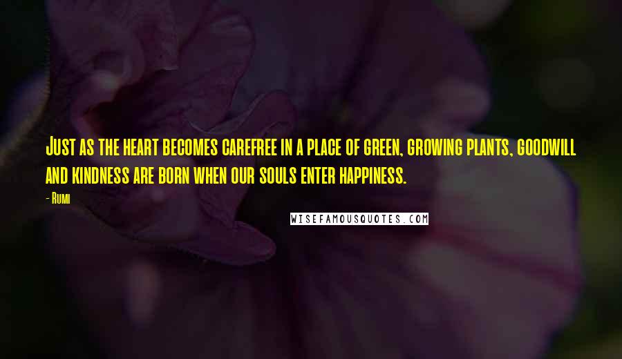 Rumi Quotes: Just as the heart becomes carefree in a place of green, growing plants, goodwill and kindness are born when our souls enter happiness.