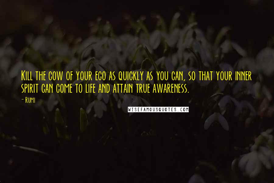 Rumi Quotes: Kill the cow of your ego as quickly as you can, so that your inner spirit can come to life and attain true awareness.